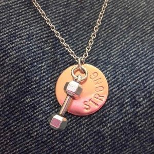 Stamped copper charm “strong” with dumbbell charm